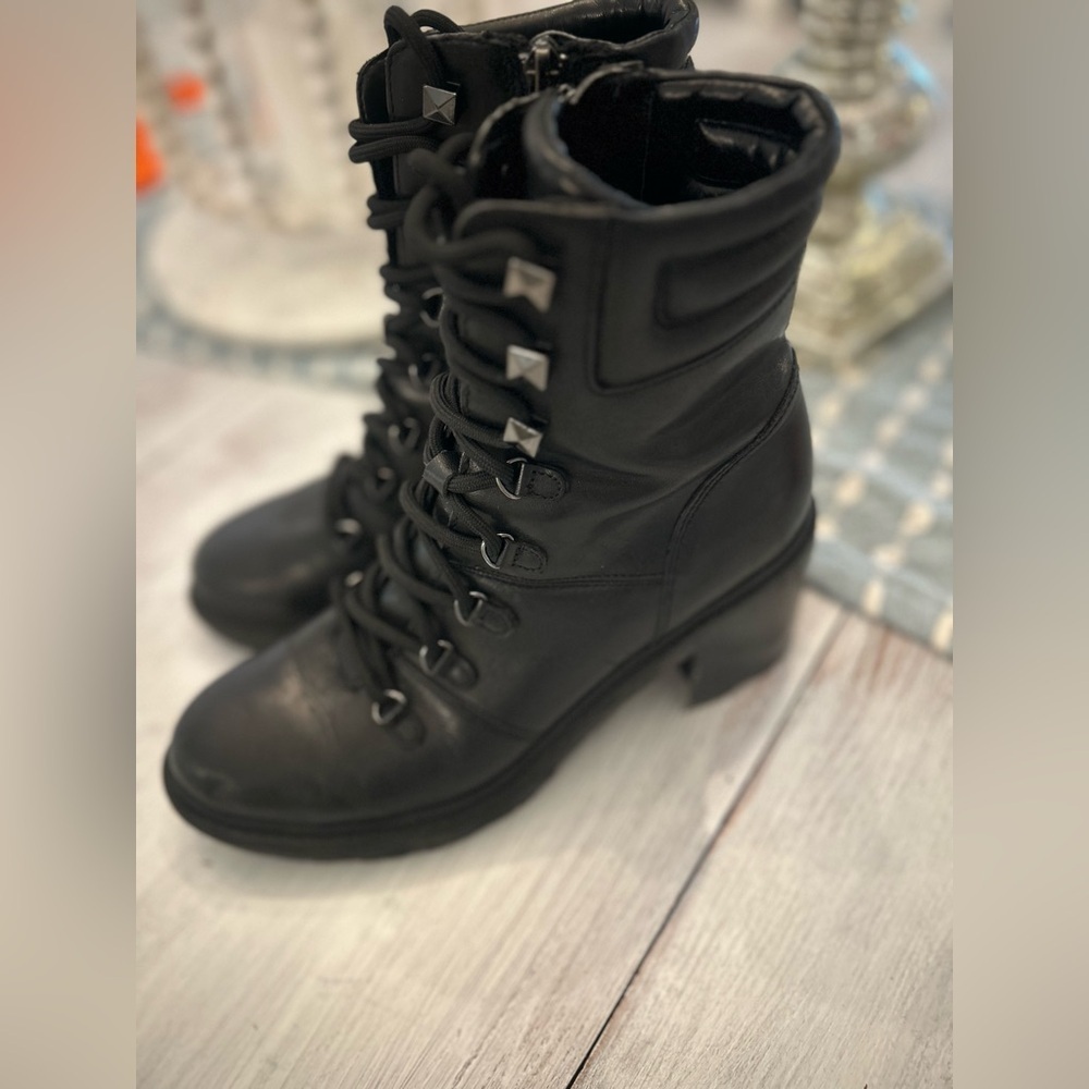 Marc Fisher Labroni Black Leather Combat Boots – Size 7M, Excellent Condition